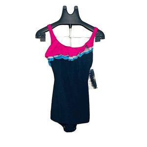 SIRENA 1 Pc SWIMSUIT BLACK Pink Blue 1986 Preview Bathing Suit USA 14 Vintage
